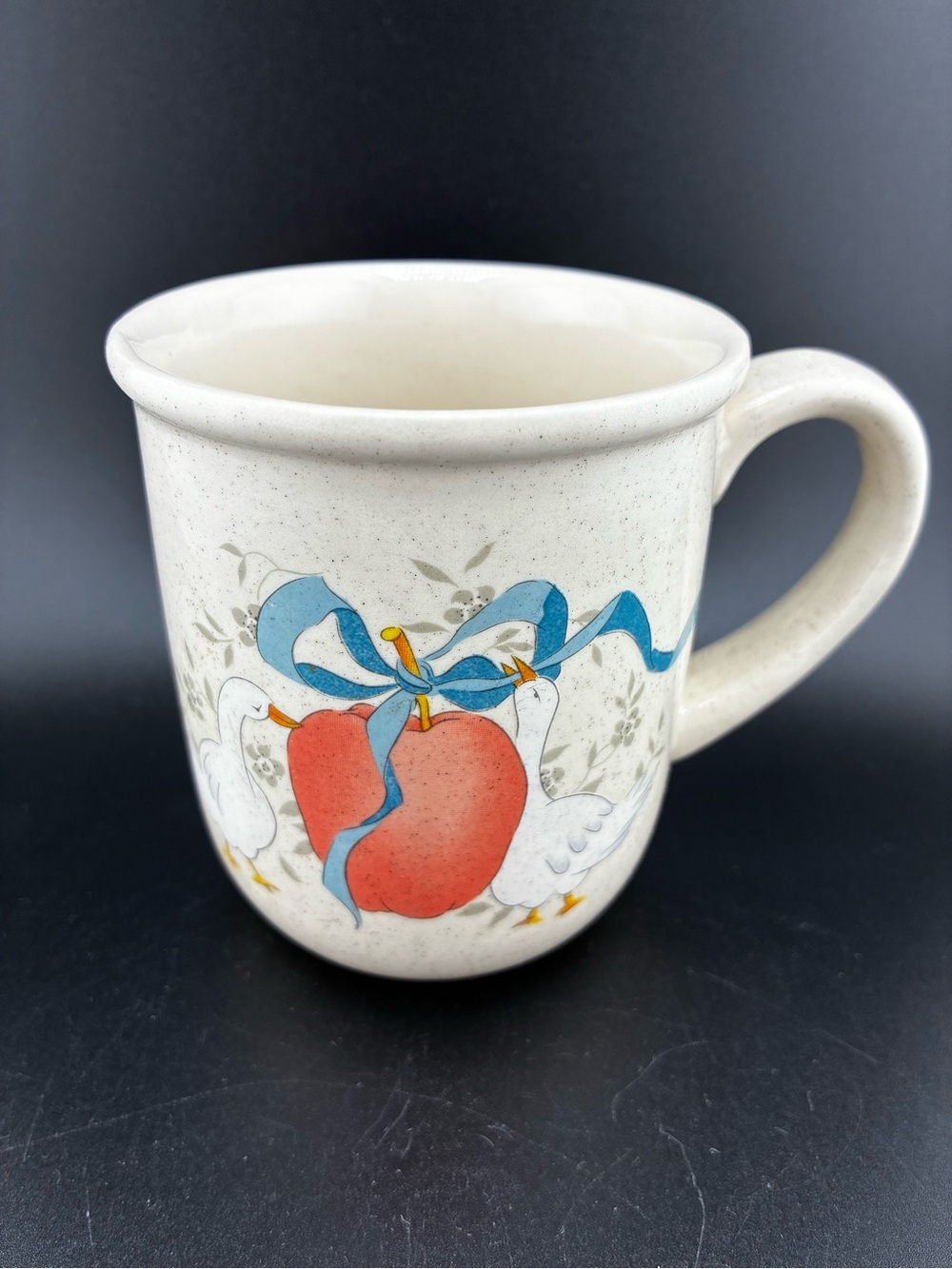 Speckled Ceramic Marmalade Mug with Red Apple & Blue Ribbon Design
